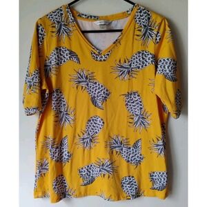 Christopher & Banks Women's Short Sleeve T-Shirt Yellow‎ Pineapples Size Large